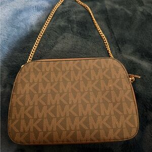 Michael Kors Brown Logo Crossbody with Gold Chain Strap